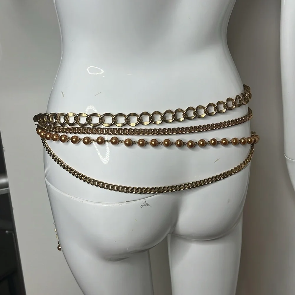 Gold Chain and Rose Pearl Drop Four Strand Adjustable Chain Belt